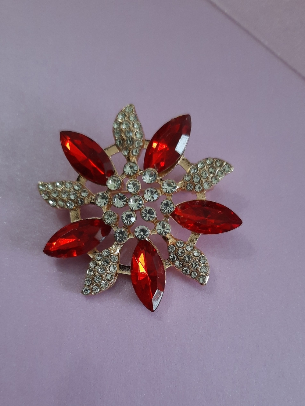 Gold-tone Red Crystal Flower Brooch